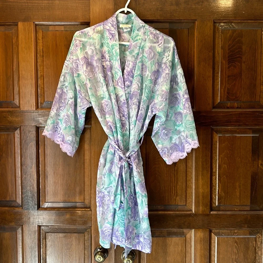 Vtg LA Intimates Robe Large Purple Green Floral Sheer Kimono Cottagecore 80s 90s